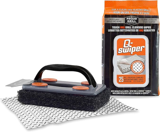 Q-Swiper BBQ Grill Cleaner Set - 1 BBQ Brush with Scraper and 25 BBQ Grill Cleaning Wipes.
