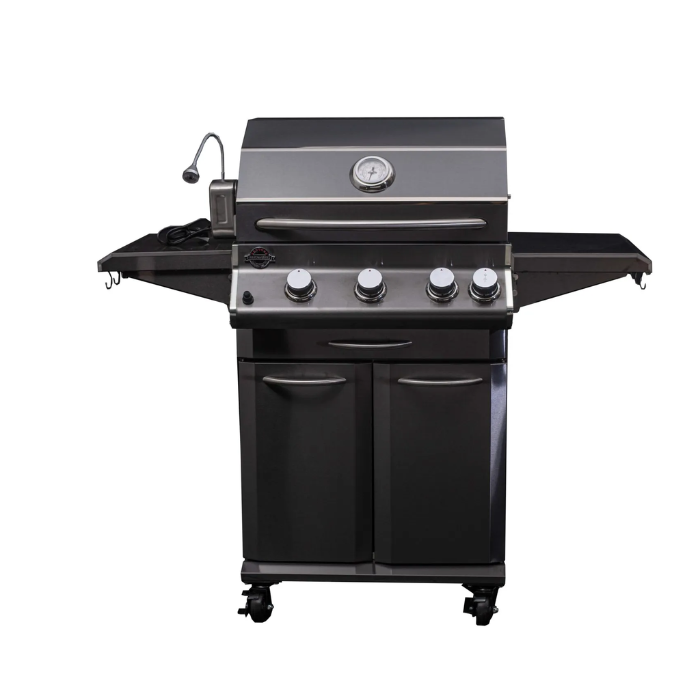 Jackson Grills Lux 550 Black Stainless 3 Burner Gas Grill with Infrared Rotisserie Burner and Premium Stainless Steel Construction.